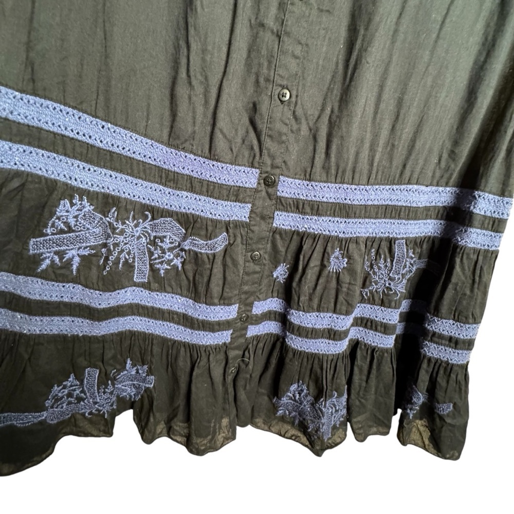 Free People Black Blue Embroidered Ruffle Dress Cotton Lightweight Size 10 H15 - Picture 4 of 8